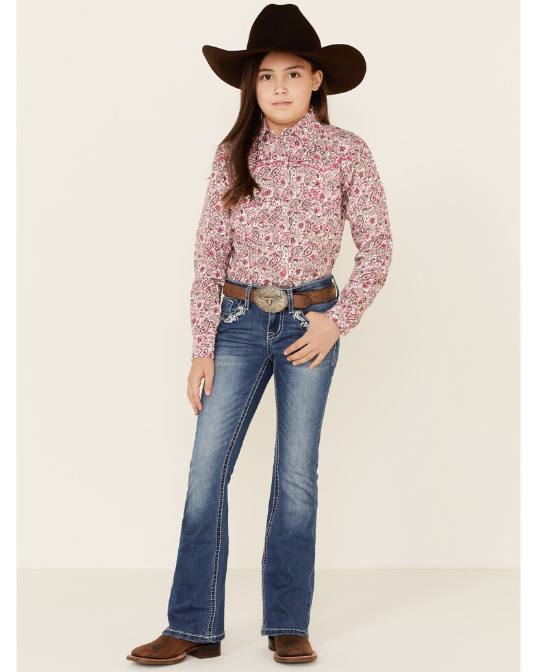 Grace in LA Girls' Floral Swirl Bootcut Jeans, Blue, hi-res