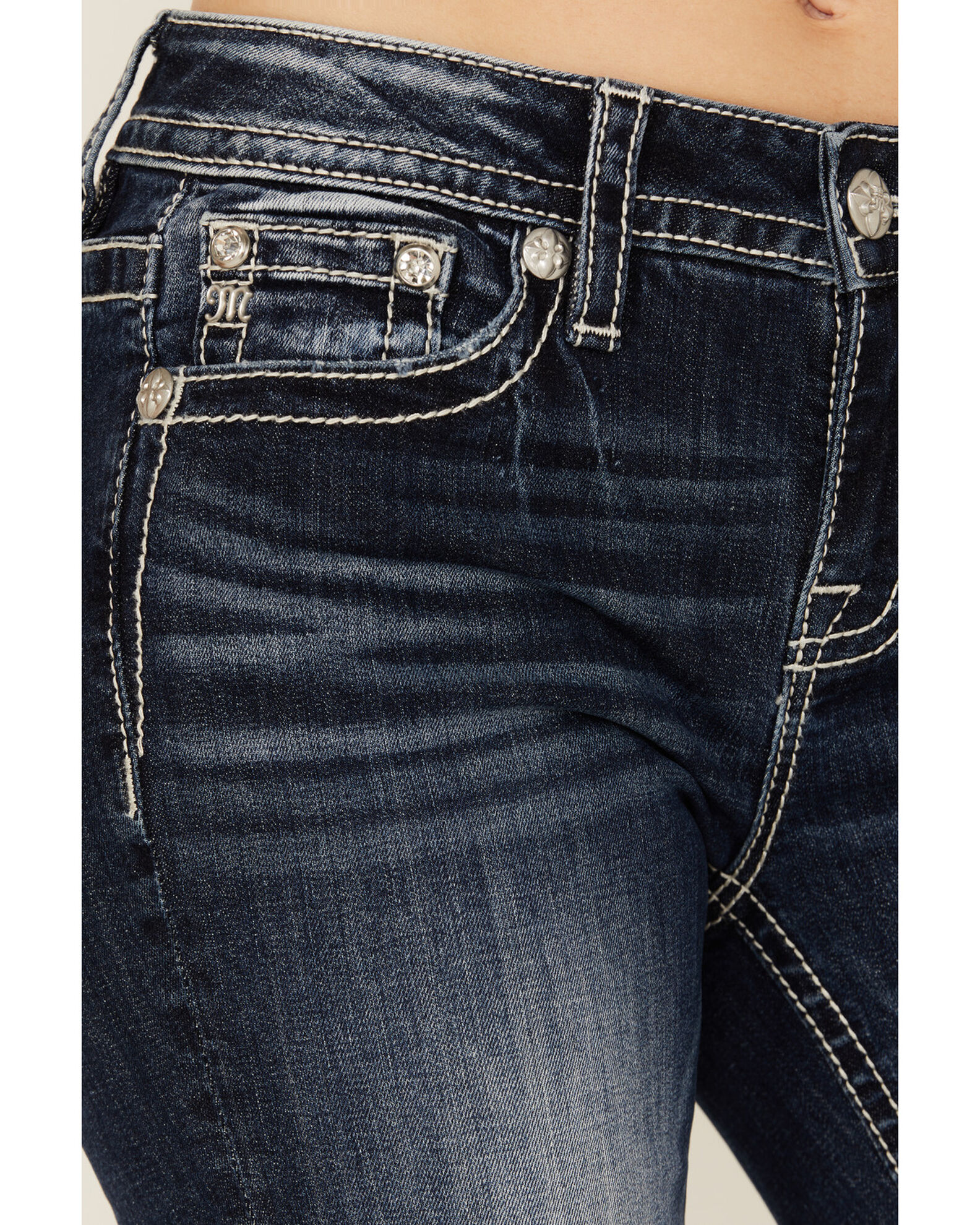 Product Name: Miss Me Women's Dark Wash Mid Rise Angel Wing Cross Pocket  Bootcut Stretch Denim Jeans