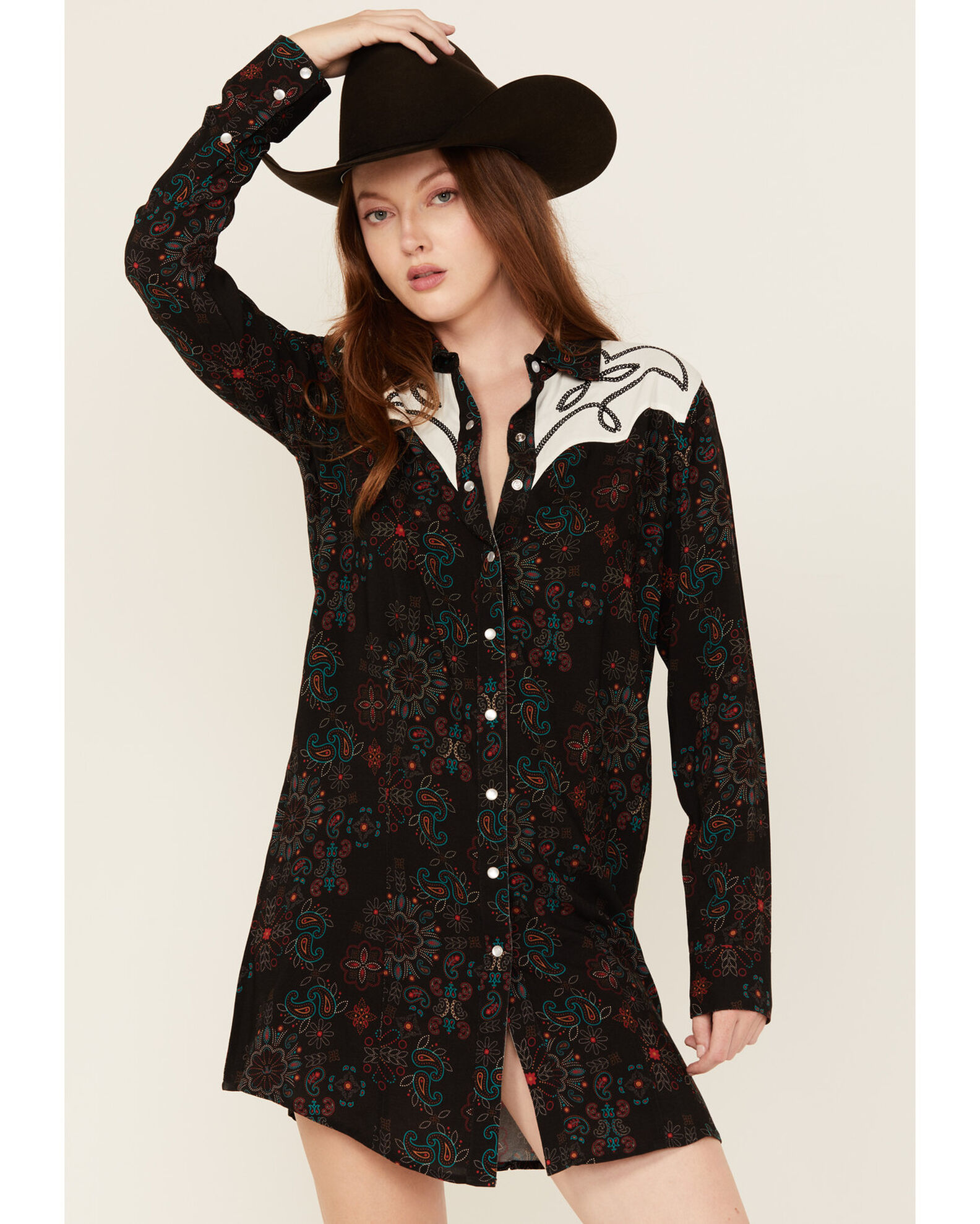 Panhandle Women s Floral Print Embroidered Long Sleeve Snap Western Mini Dress Sheplers