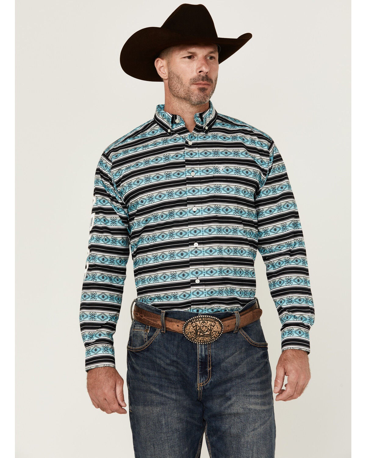 Ariat Men's Team Osborne Southwestern Striped Long Sleeve Button-Down Western Shirt, Turquoise, hi-res