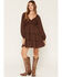Image #1 - Yura Women's Floral Print Long Sleeve Mini Dress, Brown, hi-res