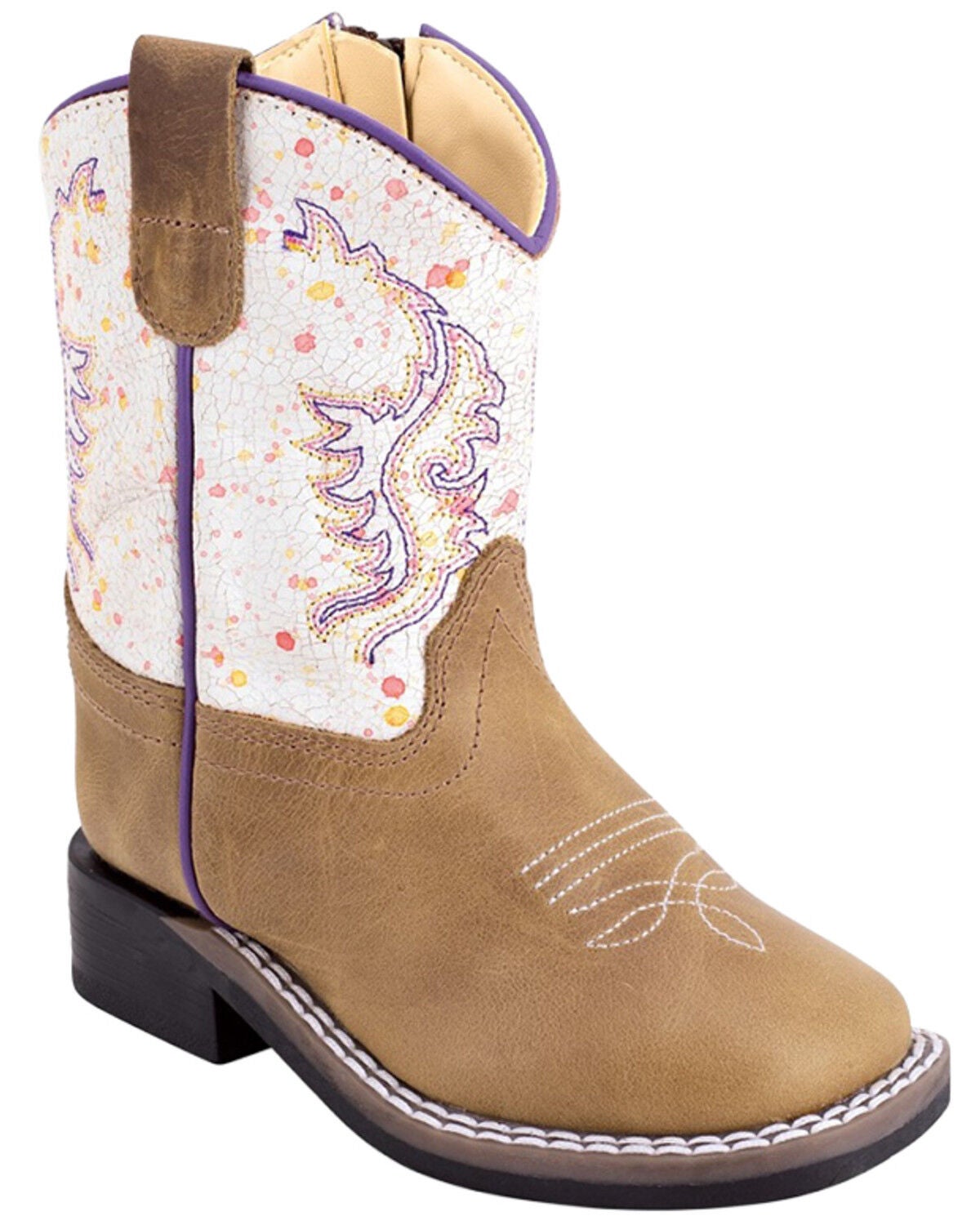 Image #1 - Old West Toddler Girls' Western Boots - Broad Square Toe, White, hi-res