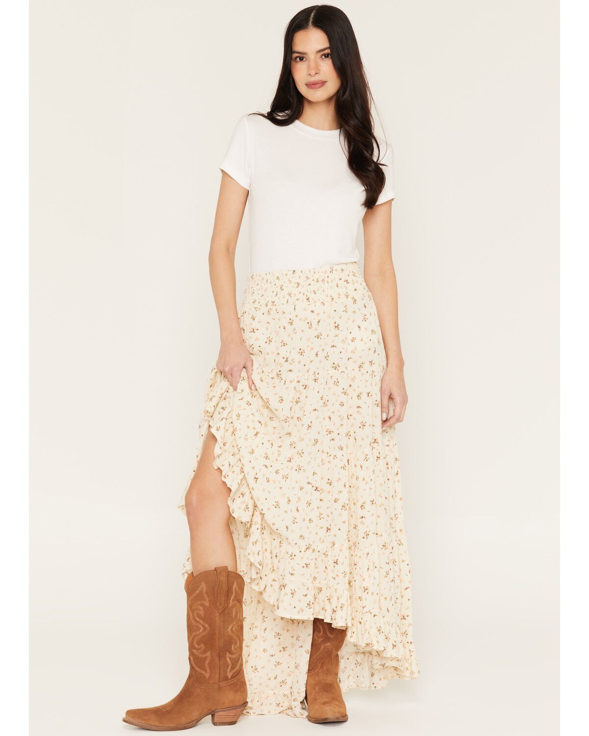 Wild Moss Women's Floral Print High-Low Midi Skirt, Cream, hi-res