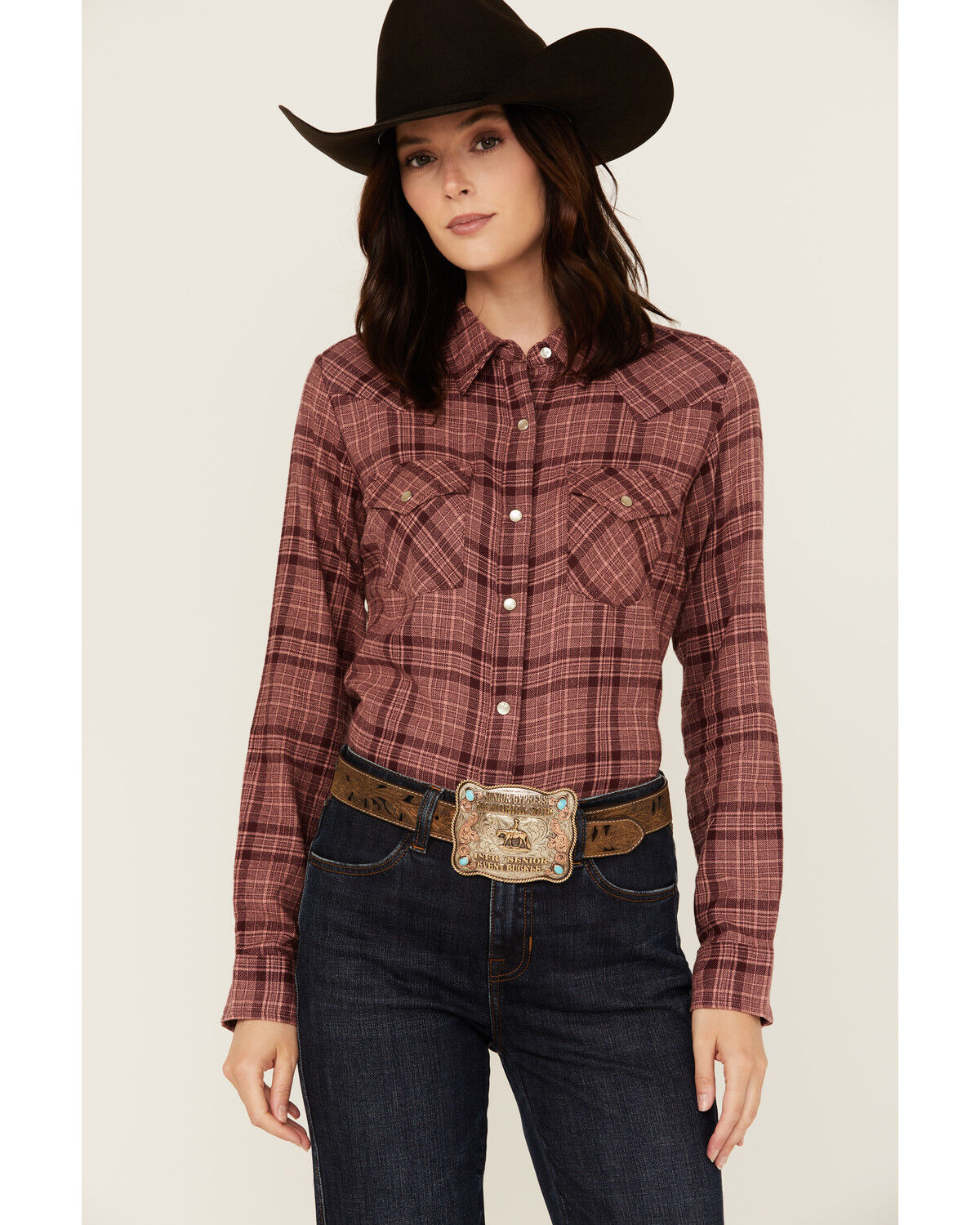 Image #1 - Wrangler Women's Plaid Print Long Sleeve Pearl Snap Flannel Shirt, Medium Pink, hi-res