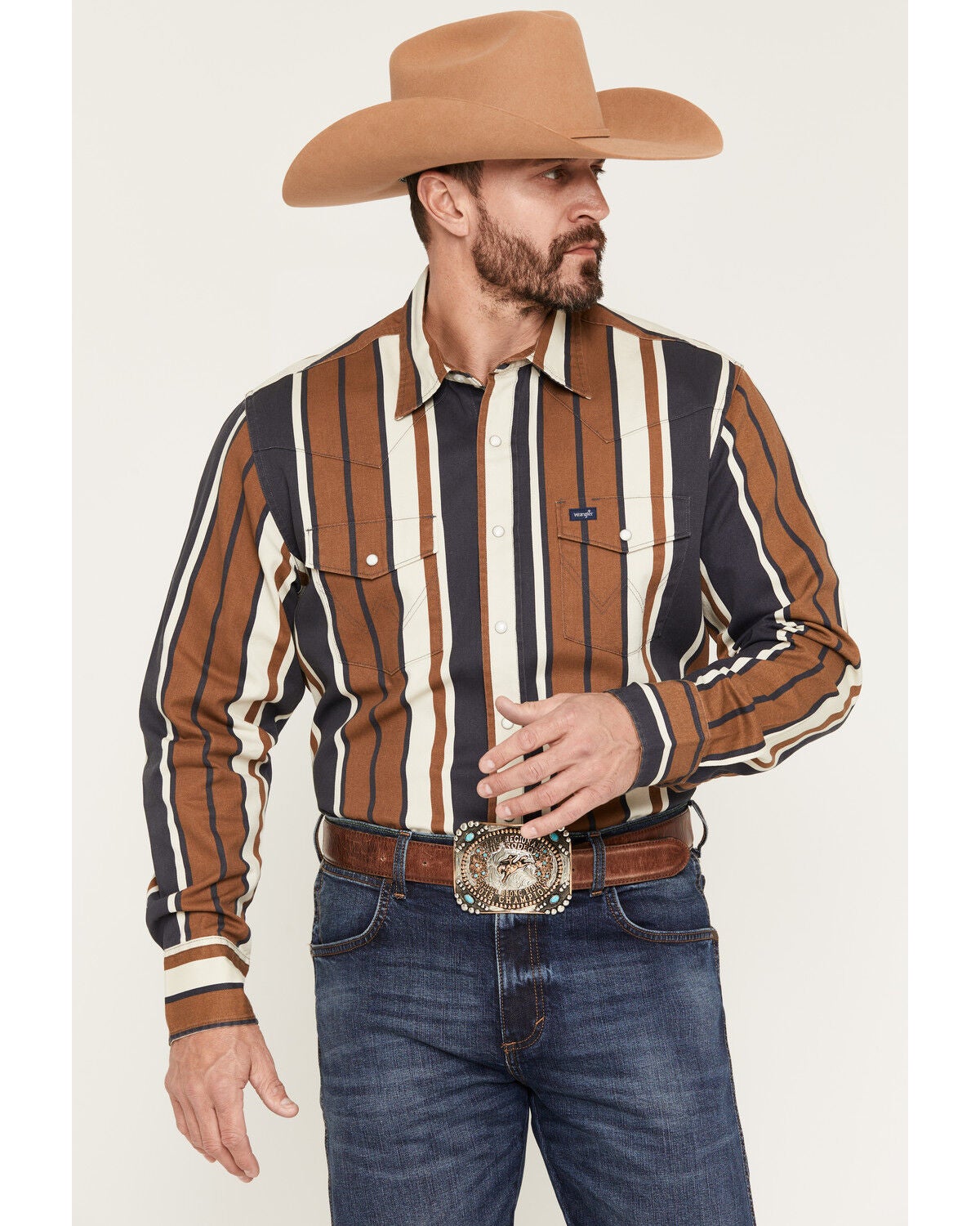 Image #1 - Wrangler Men's Vintage Brushpopper Striped Print Long Sleeve Snap Western Shirt, Brown, hi-res