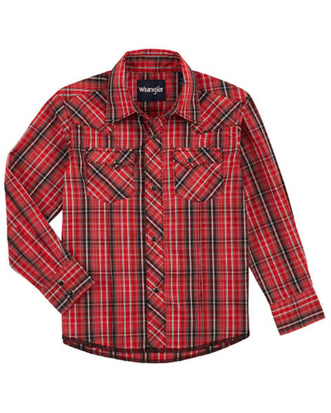 Wrangler Boys' Red Patchwork Plaid Long Sleeve Snap Shirt, Black, hi-res