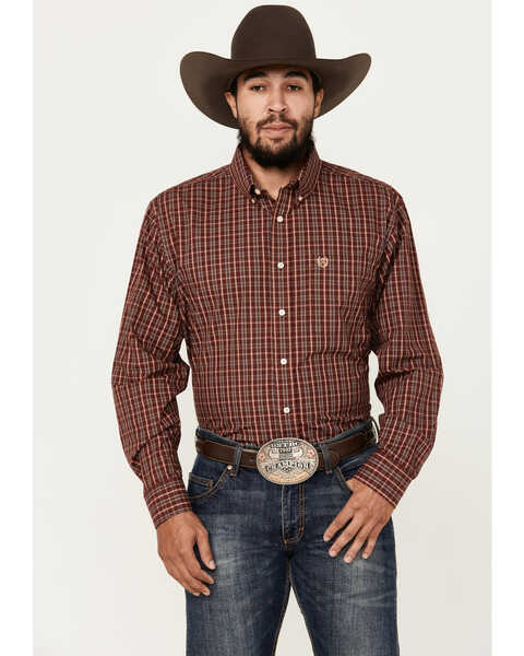 Panhandle Men's Select Plaid Print Long Sleeve Button-Down Western Shirt, Dark Red, hi-res