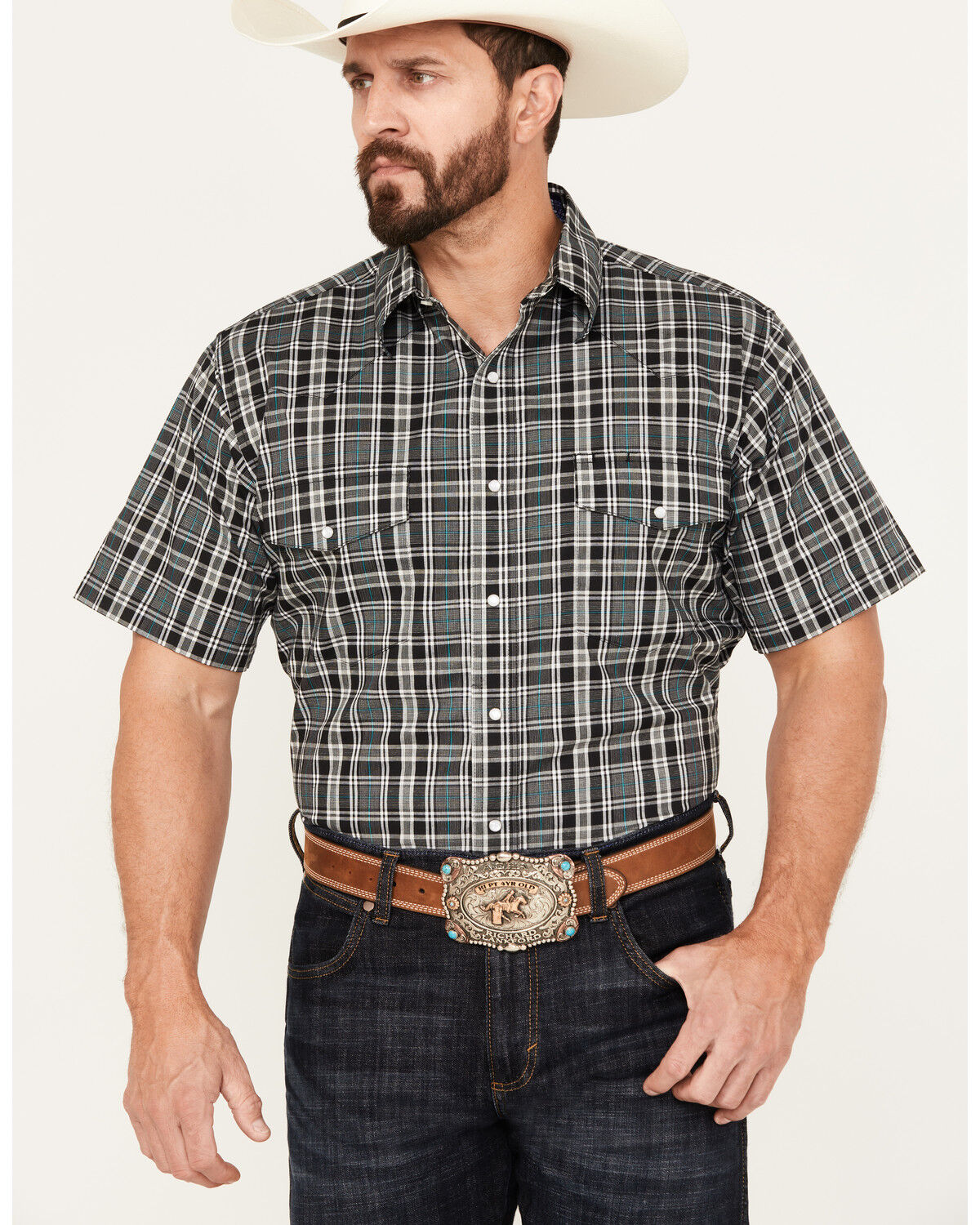 Image #1 - Wrangler Men's Wrinkle Resist Plaid Print Short Sleeve Pearl Snap Western Shirt, Black, hi-res