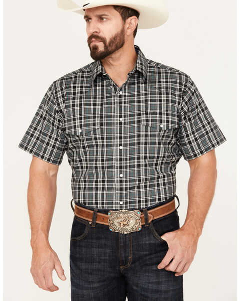 Wrangler Men's Wrinkle Resist Plaid Print Short Sleeve Pearl Snap Western Shirt, Black, hi-res