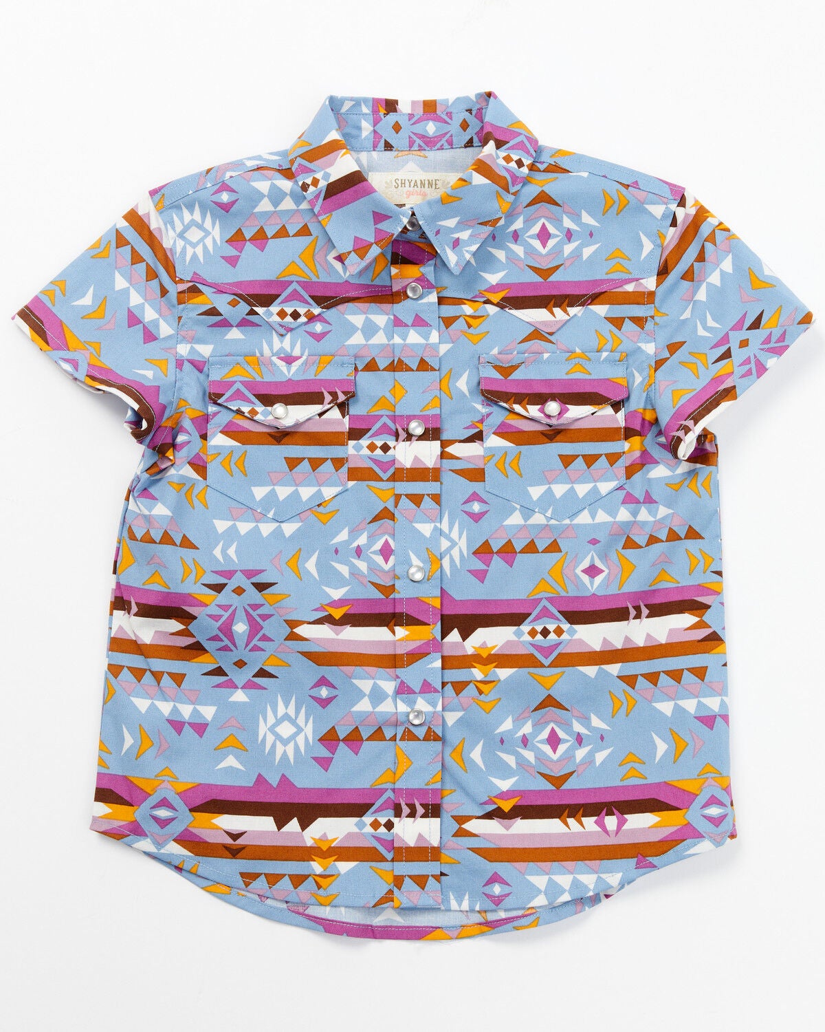Shyanne Toddler Girls' Southwestern Print Short Sleeve Pearl Snap Western Shirt, Blue, hi-res