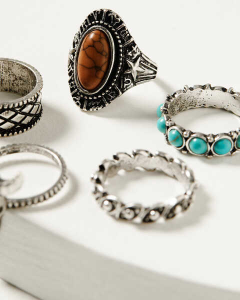 Image #3 - Shyanne Women's 5-Piece Silver Longhorn & Turquoise Beaded Ring Set, Silver, hi-res