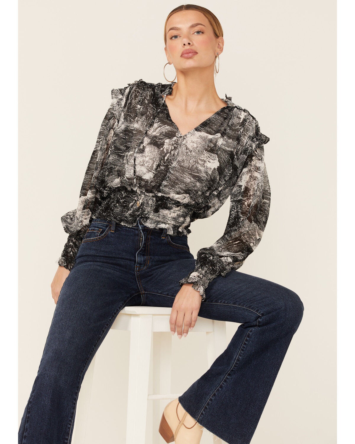 Revel Women's Toile Print Smocked Long Sleeve Top, Black, hi-res