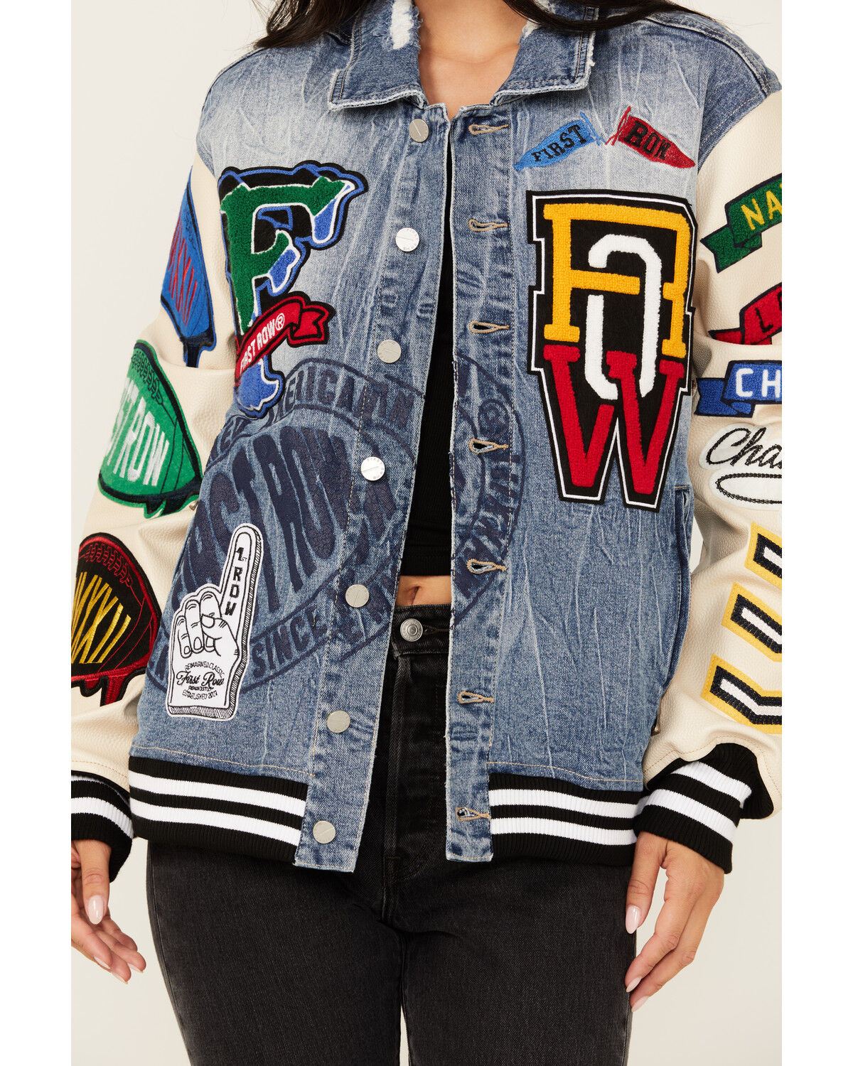 Image #3 - First Row Women's Light Wash Denim Varsity Jacket, Light Wash, hi-res