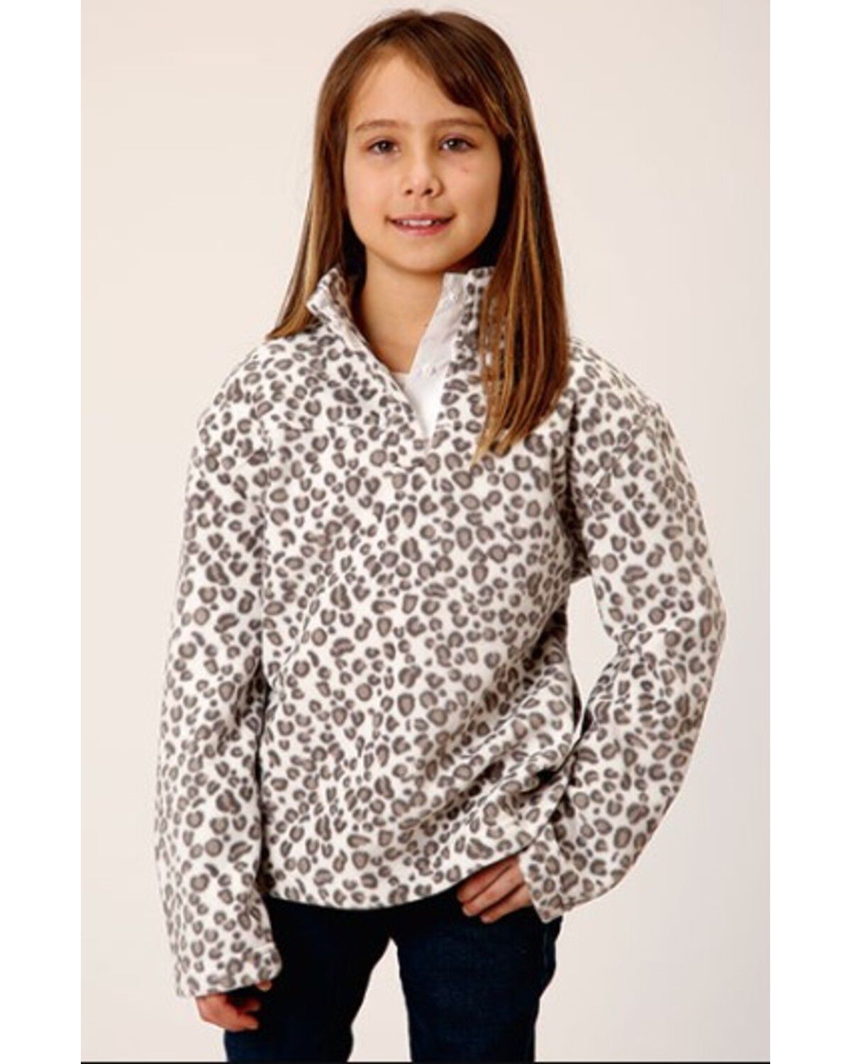 Image #1 - Roper Girls' Leopard Print Micro Fleece Pullover, White, hi-res