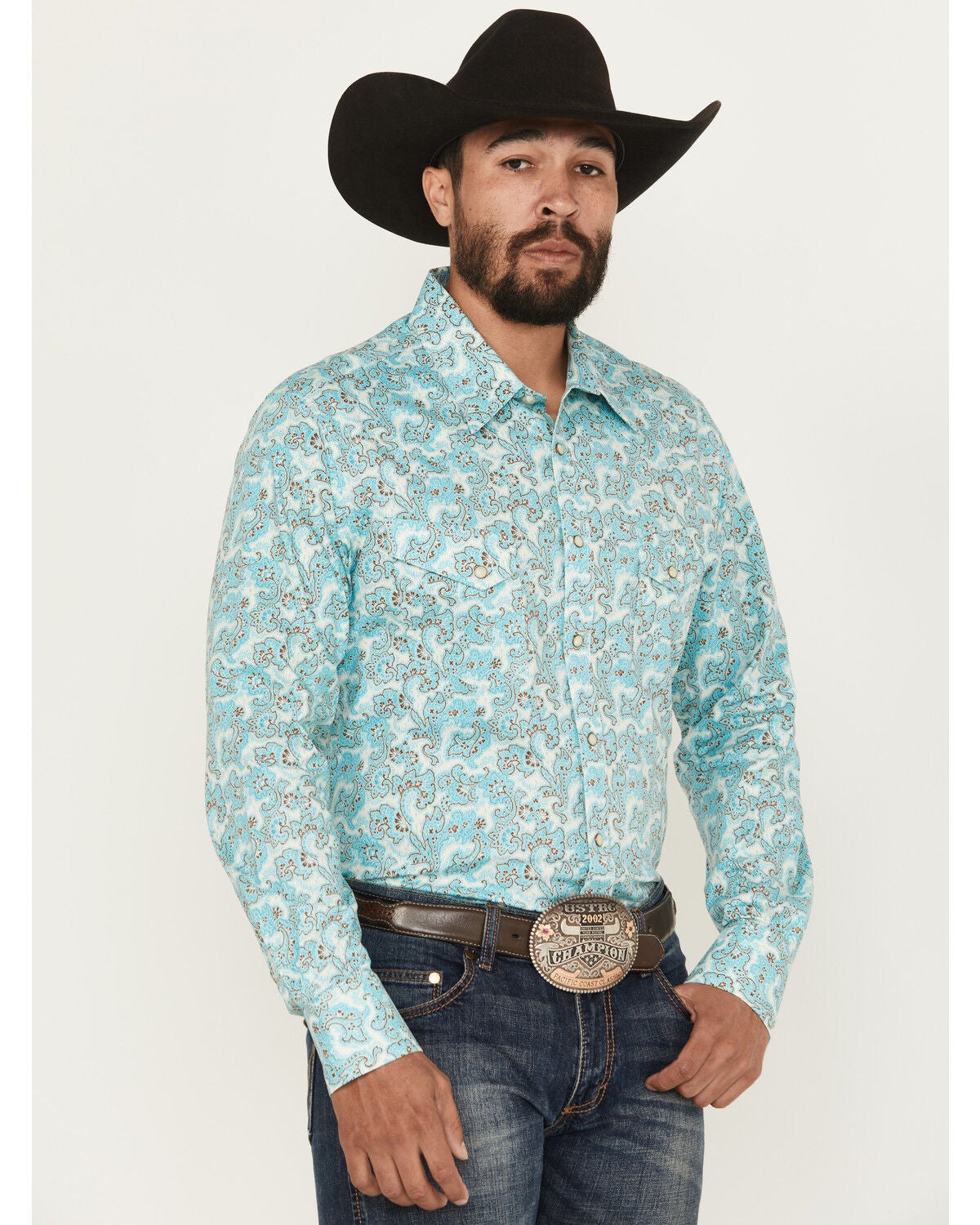 Rock & Roll Denim Men's Paisley Print Long Sleeve Snap Stretch Western Shirt, Turquoise, hi-res
