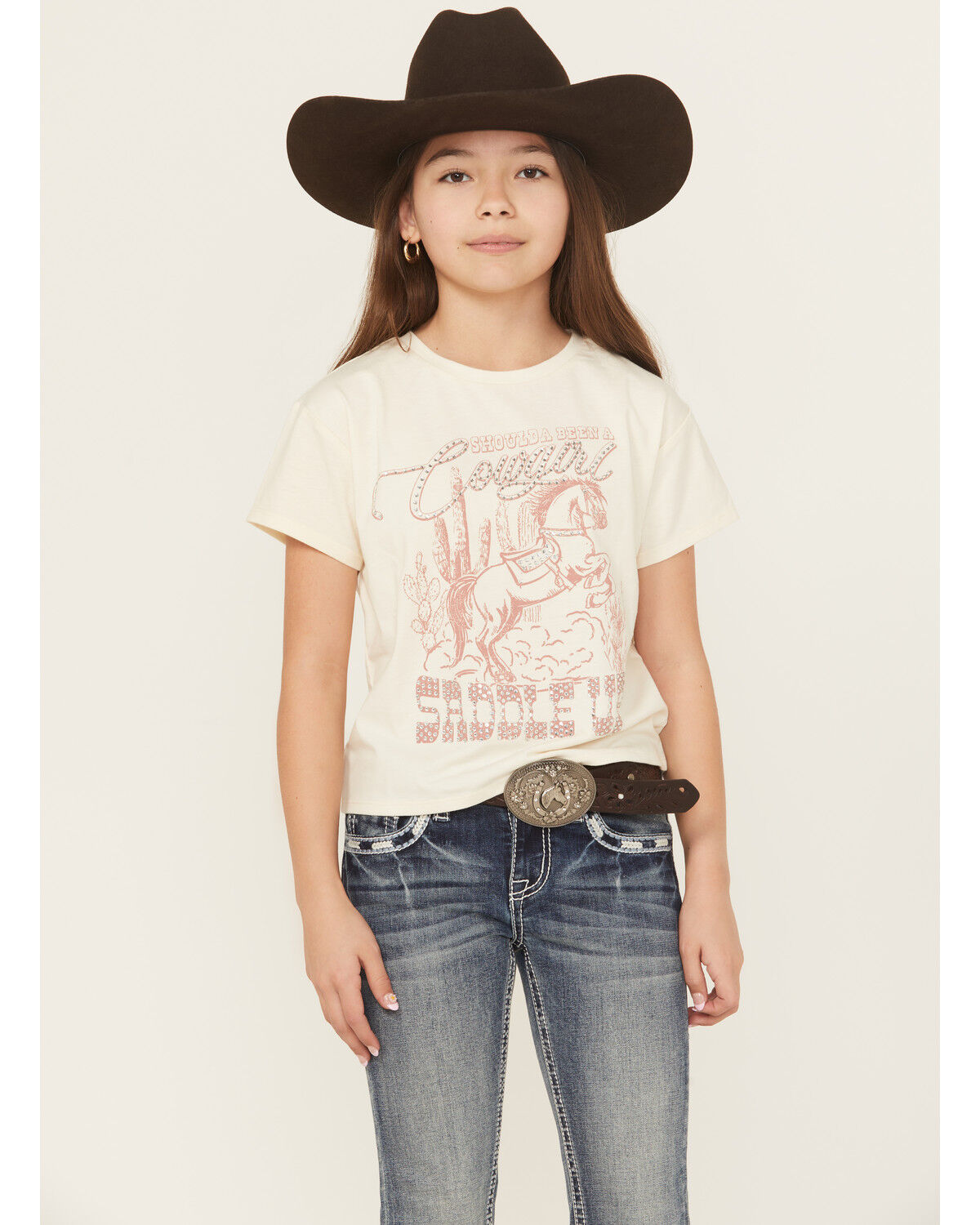 Image #1 - Shyanne Girls' Shoulda Been A Cowgirl Short Sleeve Graphic Tee, Off White, hi-res