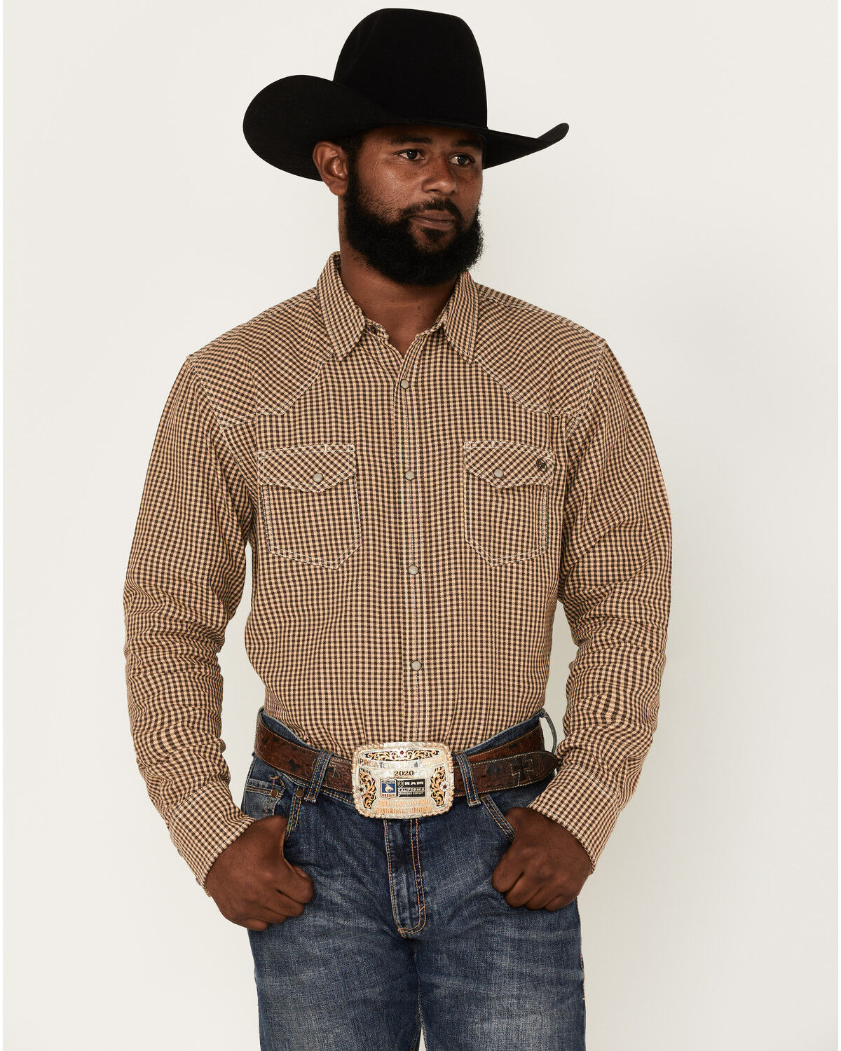 Image #1 - Blue Ranchwear Men's Gingham Western Snap Shirt, Beige/khaki, hi-res