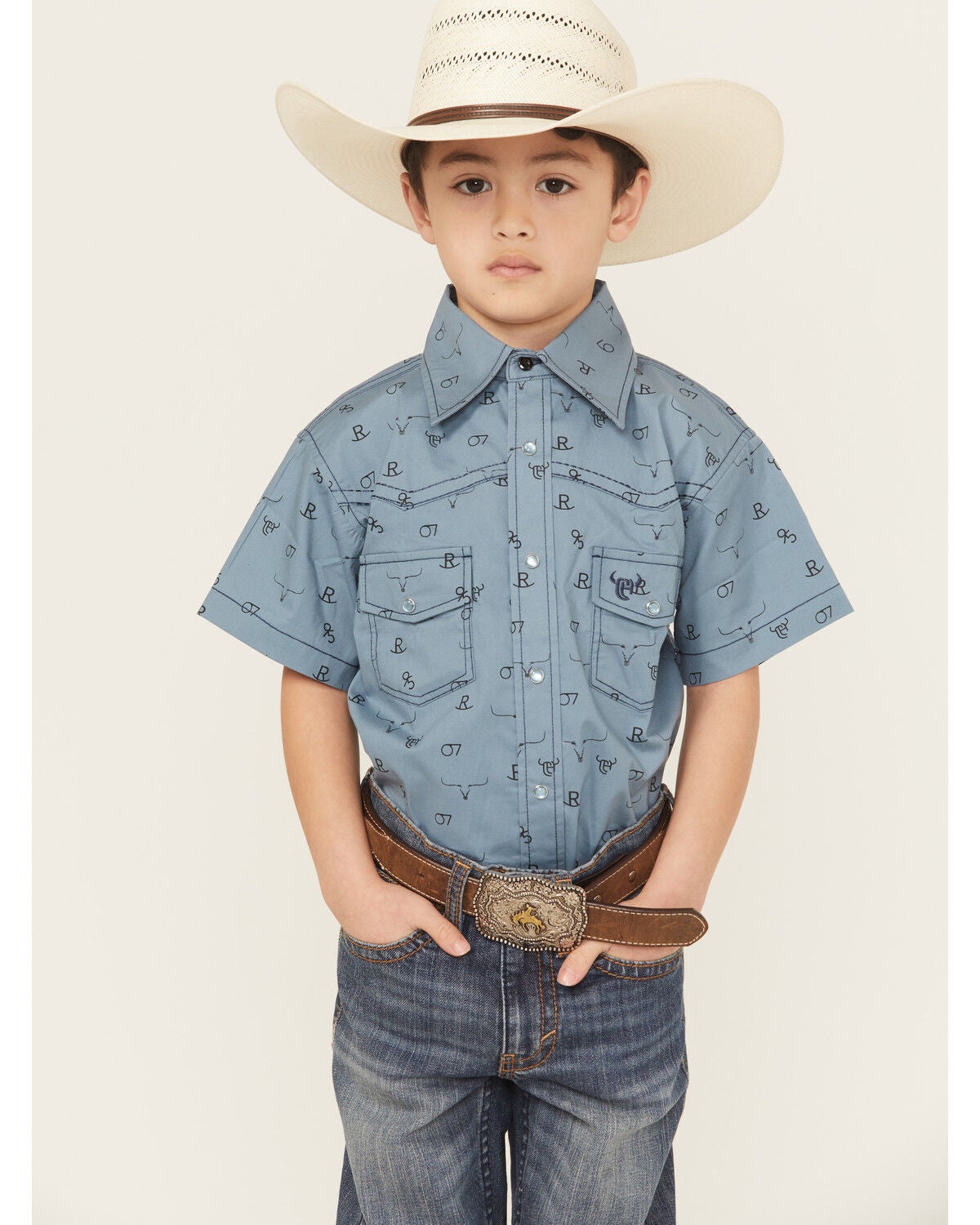 Cowboy Hardware Boys' Branding Iron Short Sleeve Snap Western Shirt, Blue, hi-res
