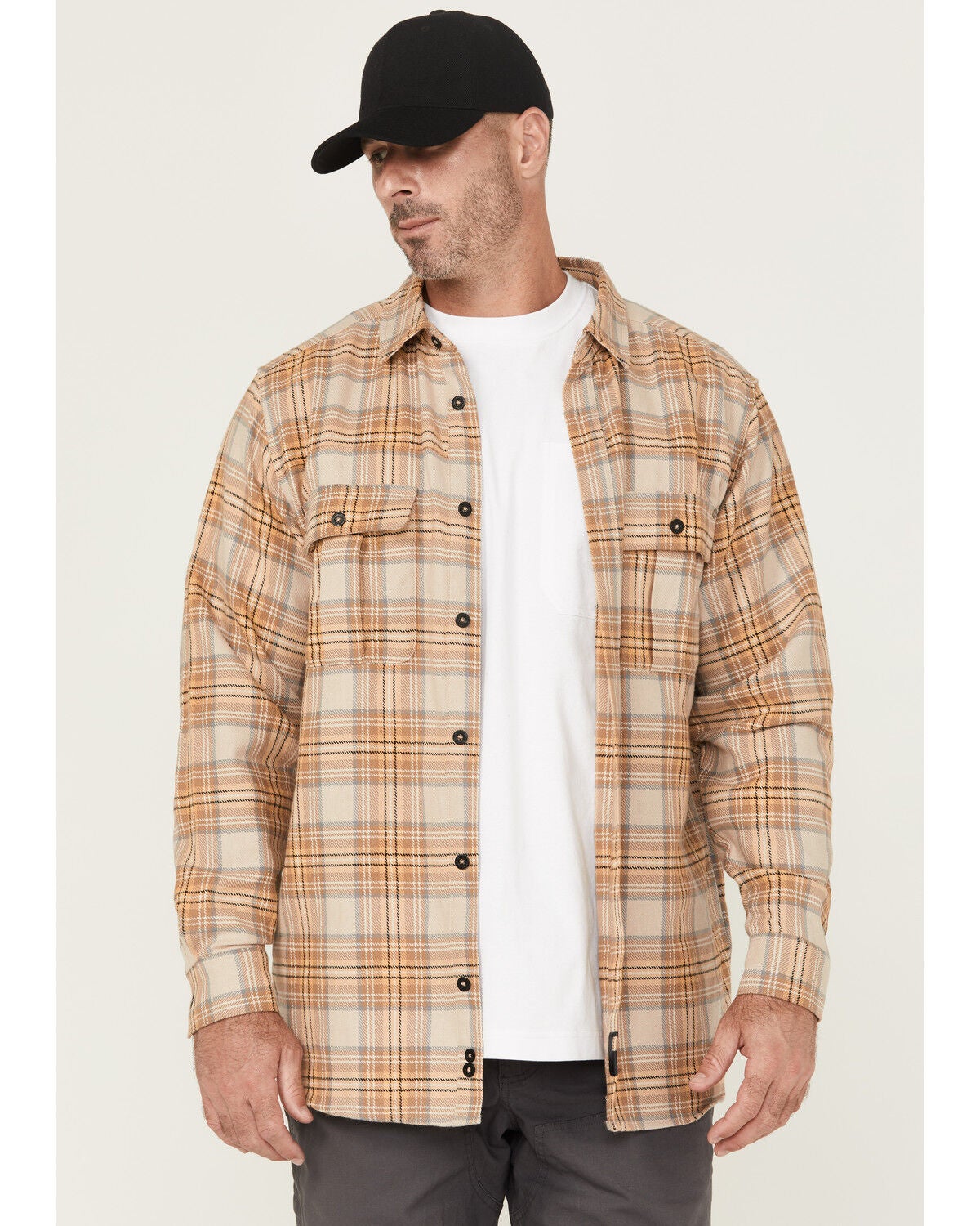 Thorogood Men's Plaid Print Heavyweight Brushed Flannel Long Sleeve Button-Down Shirt, Khaki, hi-res