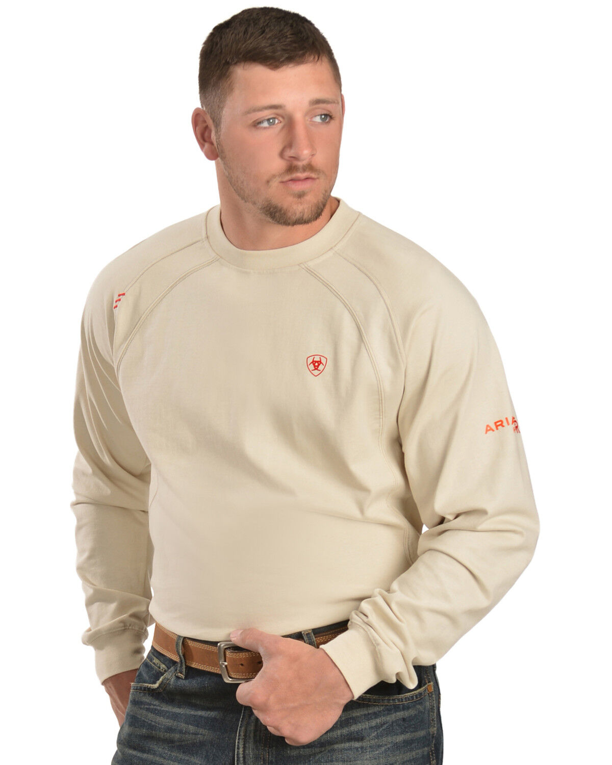 Image #1 - Ariat Men's FR Workwear Crew Long Sleeve Work T-Shirt - Big & Tall, Sand, hi-res
