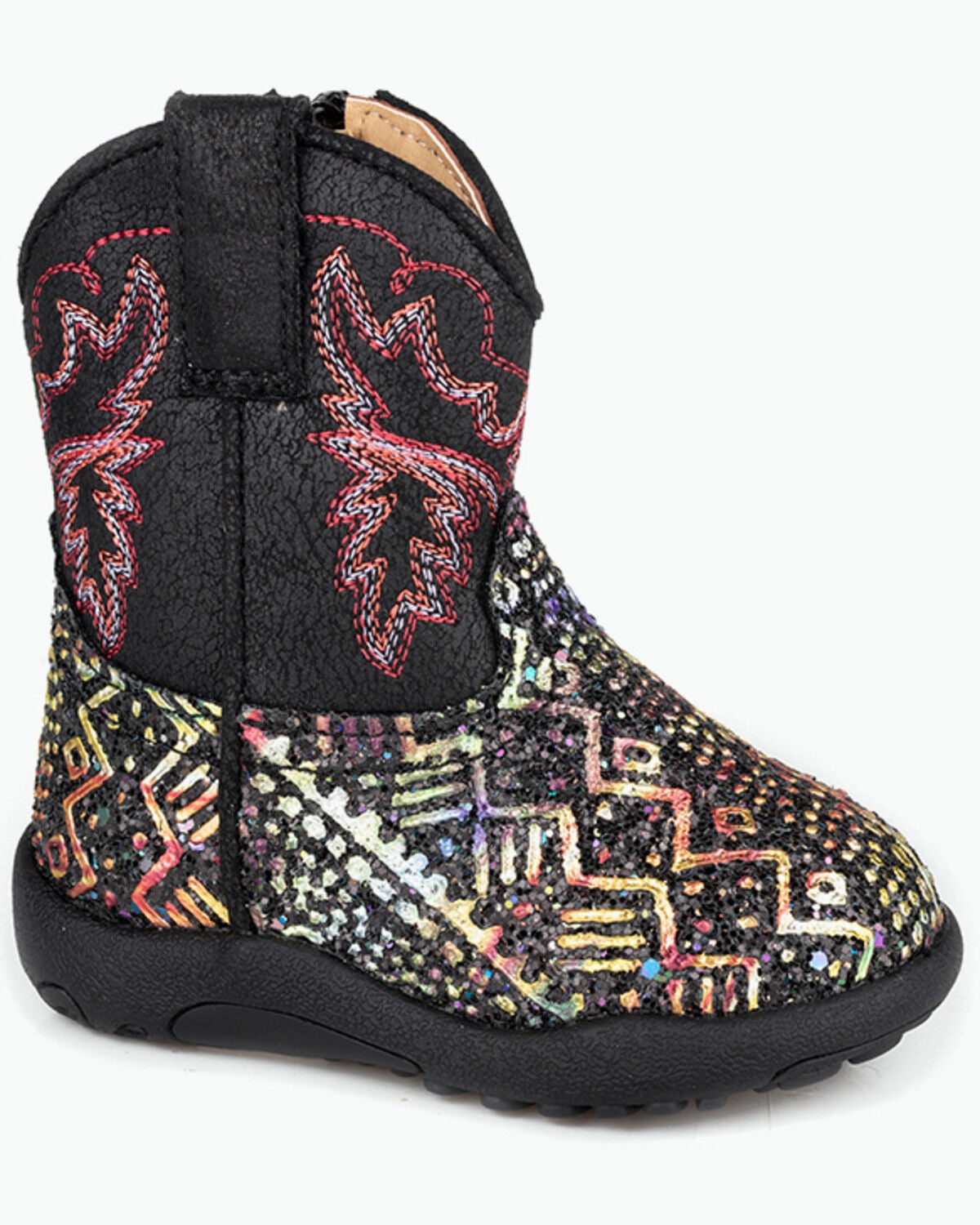 Roper Infant Girls' Cowbabies Glitter Southwestern Print Western Boots - Round Toe, Black, hi-res
