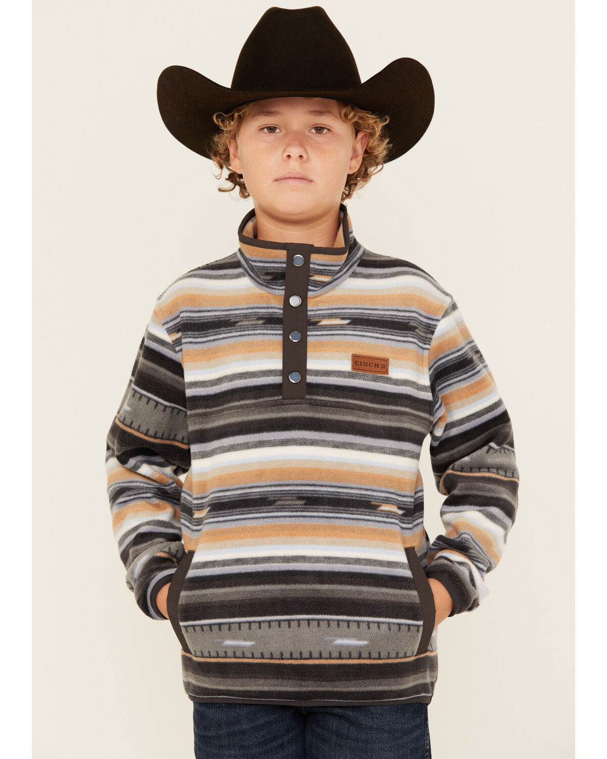 Image #1 - Cinch Boys' Striped Polar Fleece Pullover, Black, hi-res