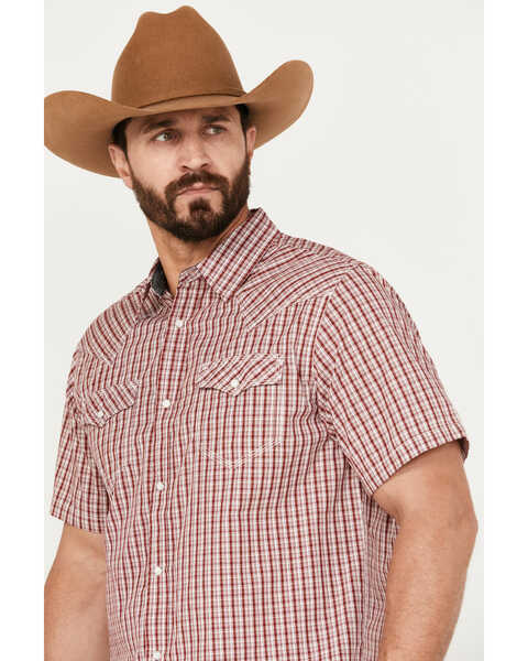 Image #2 - Moonshine Spirit Men's Stage Light Plaid Print Short Sleeve Western Pearl Snap Shirt, Red, hi-res
