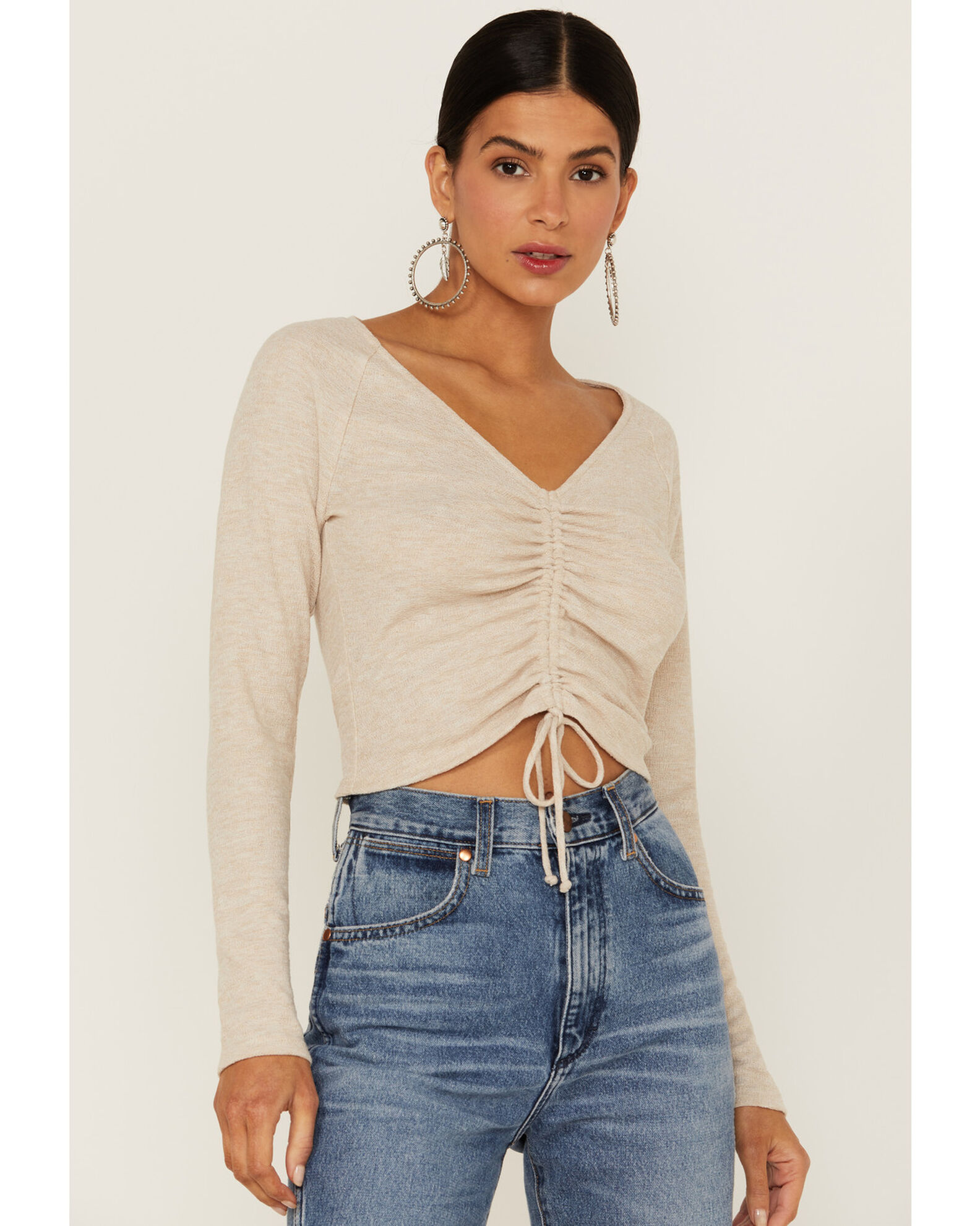 Product Name: Lush Women's Sand Long Sleeve Cinch Front Knit Top