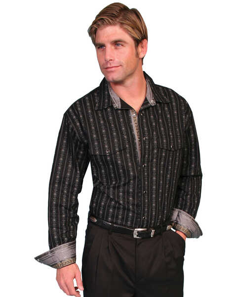 Scully Men's Fancy Striped Long Sleeve Snap Western Shirt, Black, hi-res