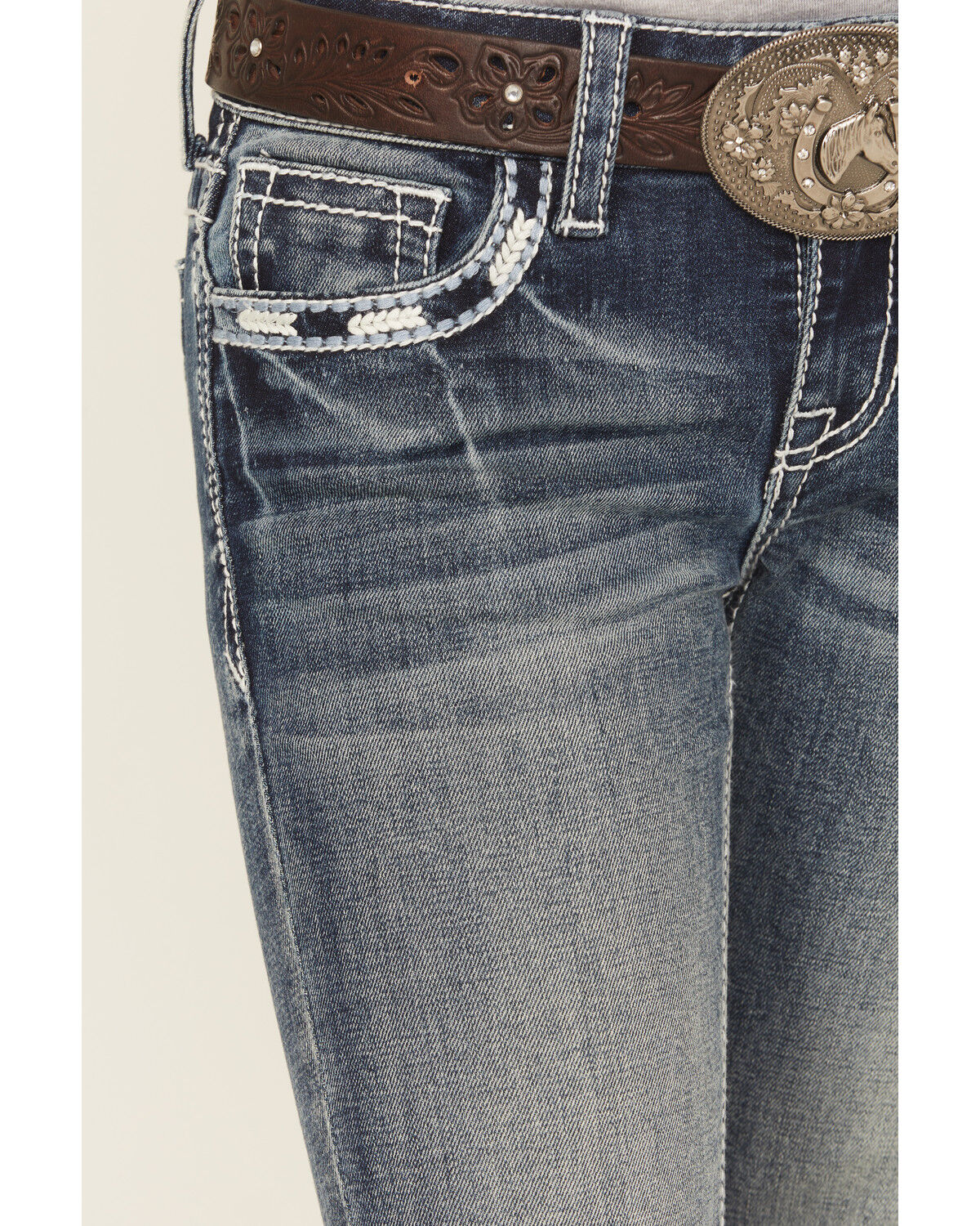 Image #4 - Grace in LA Girls' Medium Wash Horse Pocket Bootcut Stretch Denim Jeans, Medium Wash, hi-res