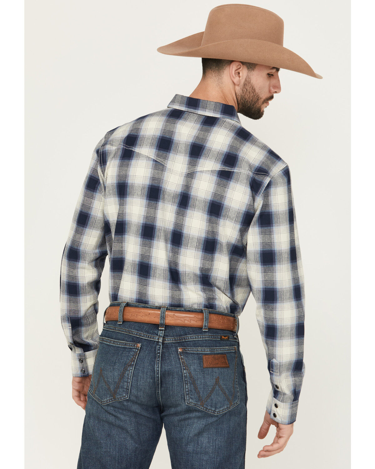 Image #4 - Blue Ranchwear Men's Aster Plaid Print Long Sleeve Snap Western Shirt, Navy, hi-res