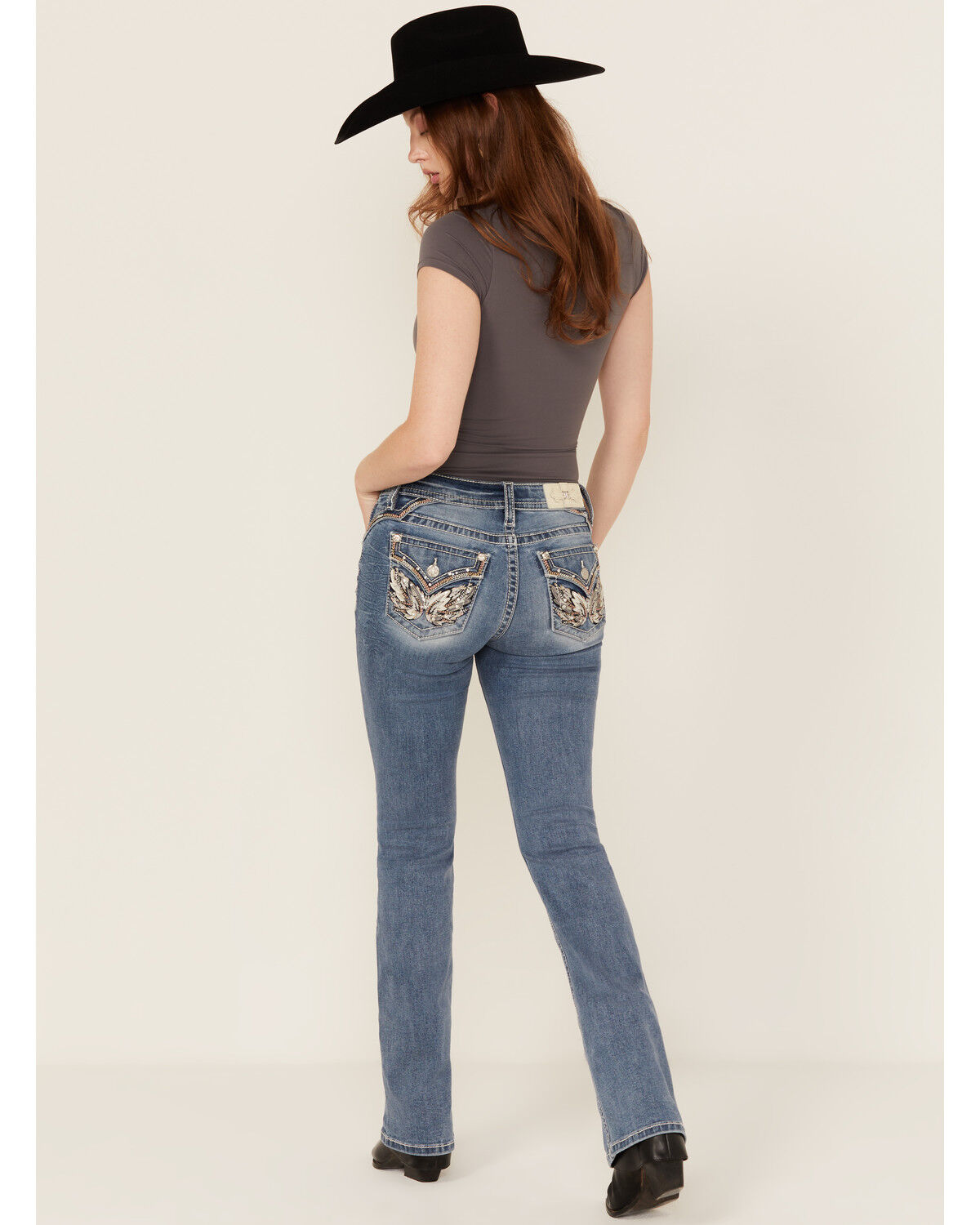 Image #1 - Miss Me Women's Medium Wash Wing Embroidered 30" Bootcut Stretch Jeans, Medium Wash, hi-res