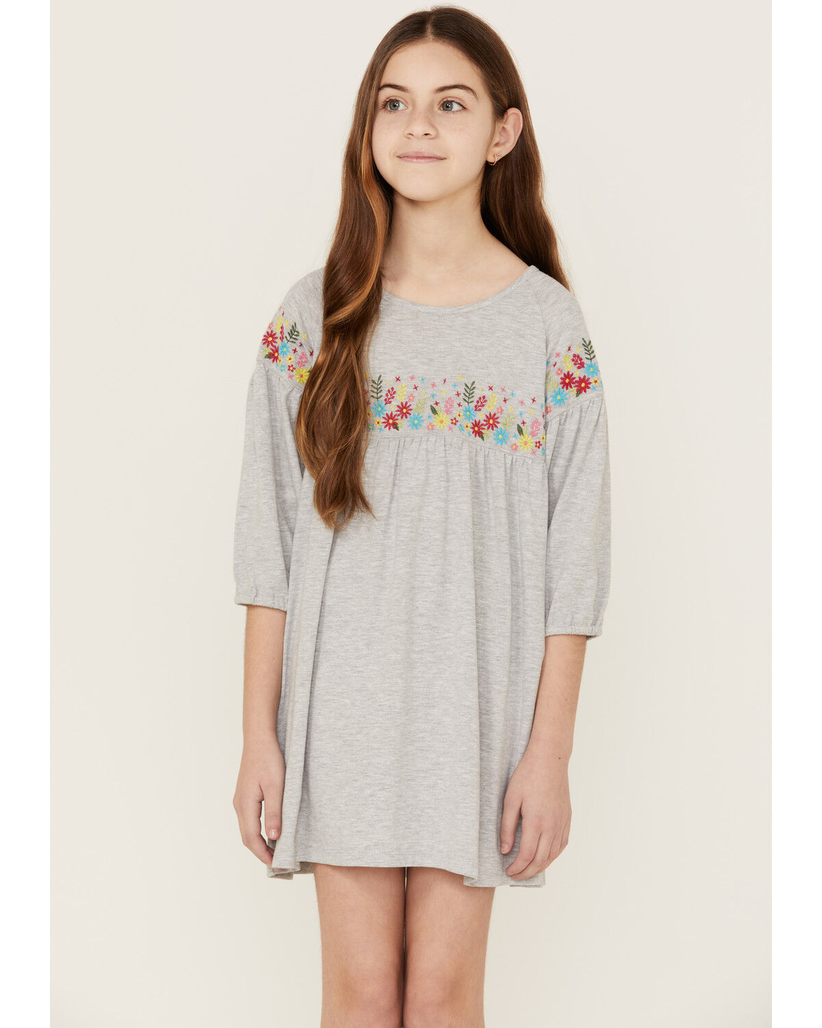 Image #4 - Roper Girls' Cotton Millenge Empire 3/4 Sleeve Mini Dress, Grey, hi-res