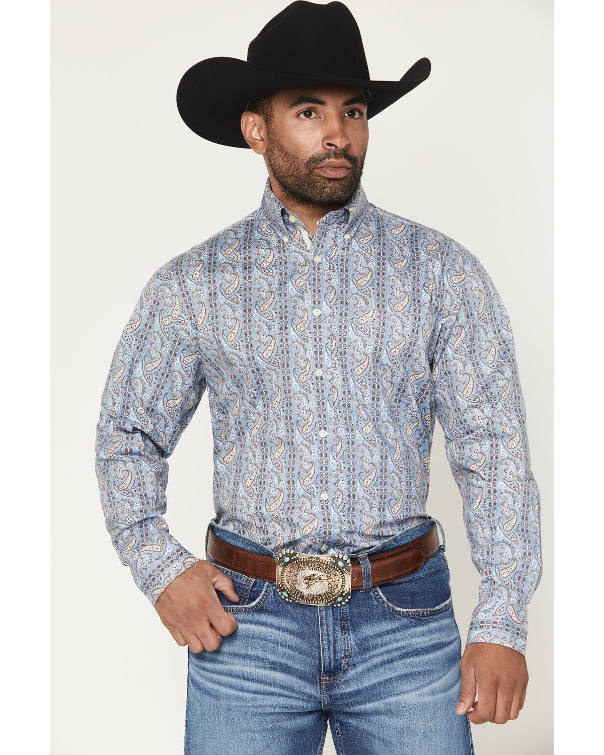 Panhandle Slim Men's Paisley Wallpaper Print Long Sleeve Button-Down Stretch Western Shirt, Blue, hi-res