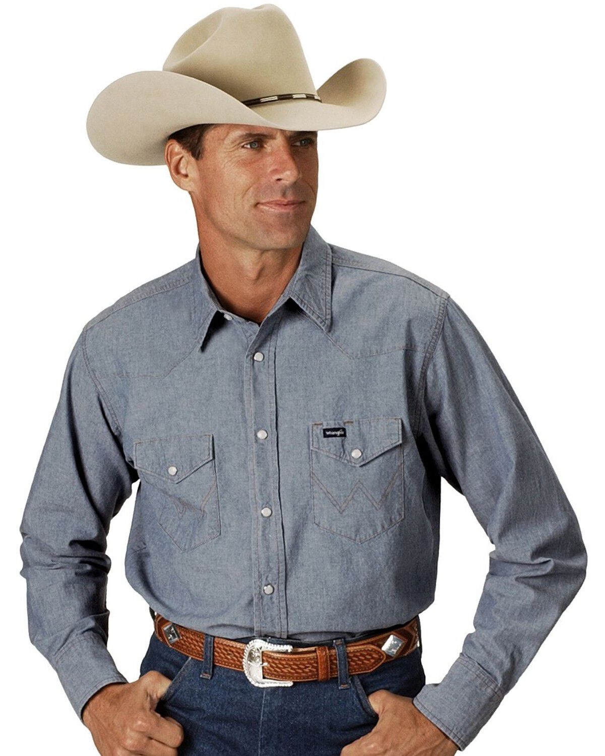 Wrangler Men's Authentic Cowboy Cut Denim Long Sleeve Work Shirt, Chambray, hi-res
