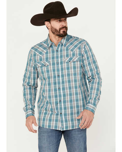 Moonshine Spirit Men's Agave Plaid Print Long Sleeve Western Snap Shirt, Grey, hi-res