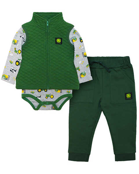 John Deere Infant Boys' Quilted Vest, Farm Print Long Sleeve Onesie & Pants Set - 3-Piece , Grey, hi-res