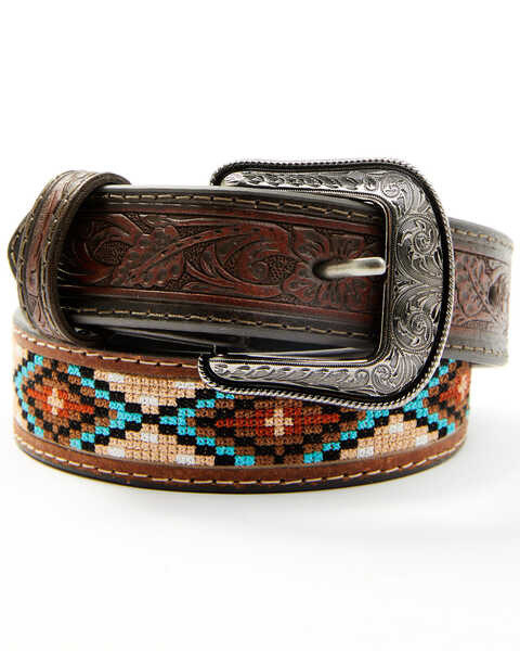 Image #1 - Roper Boys' Tonal Stitched Leather Trim Southwestern Print Belt, Brown, hi-res