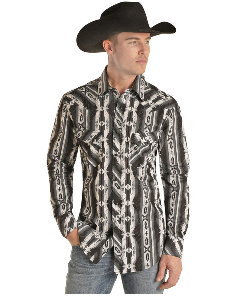 Rock & Roll Denim Men's Black All-Over Southwestern Print Long Sleeve Snap Western Shirt , Black, hi-res