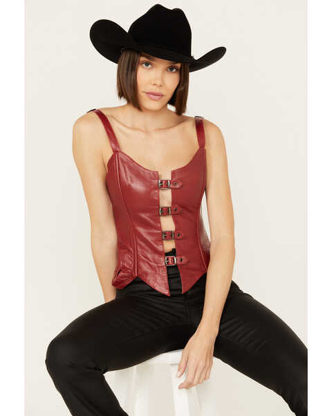 Understated Leather Women's Finish Line Corset , Red, hi-res