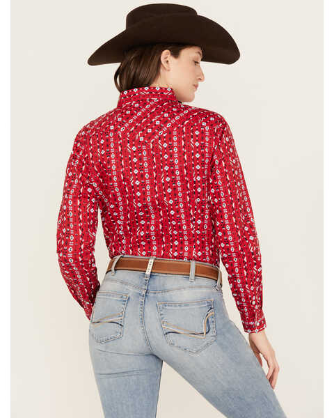 Image #4 - Rough Stock by Panhandle Women's Southwestern Print Long Sleeve Stretch Pearl Snap Western Shirt, Red, hi-res