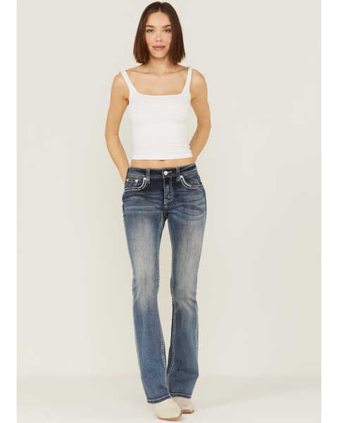 Grace in LA Women's Light Wash Mid Fleur De Lis Pocket Bootcut Jeans, Blue, hi-res