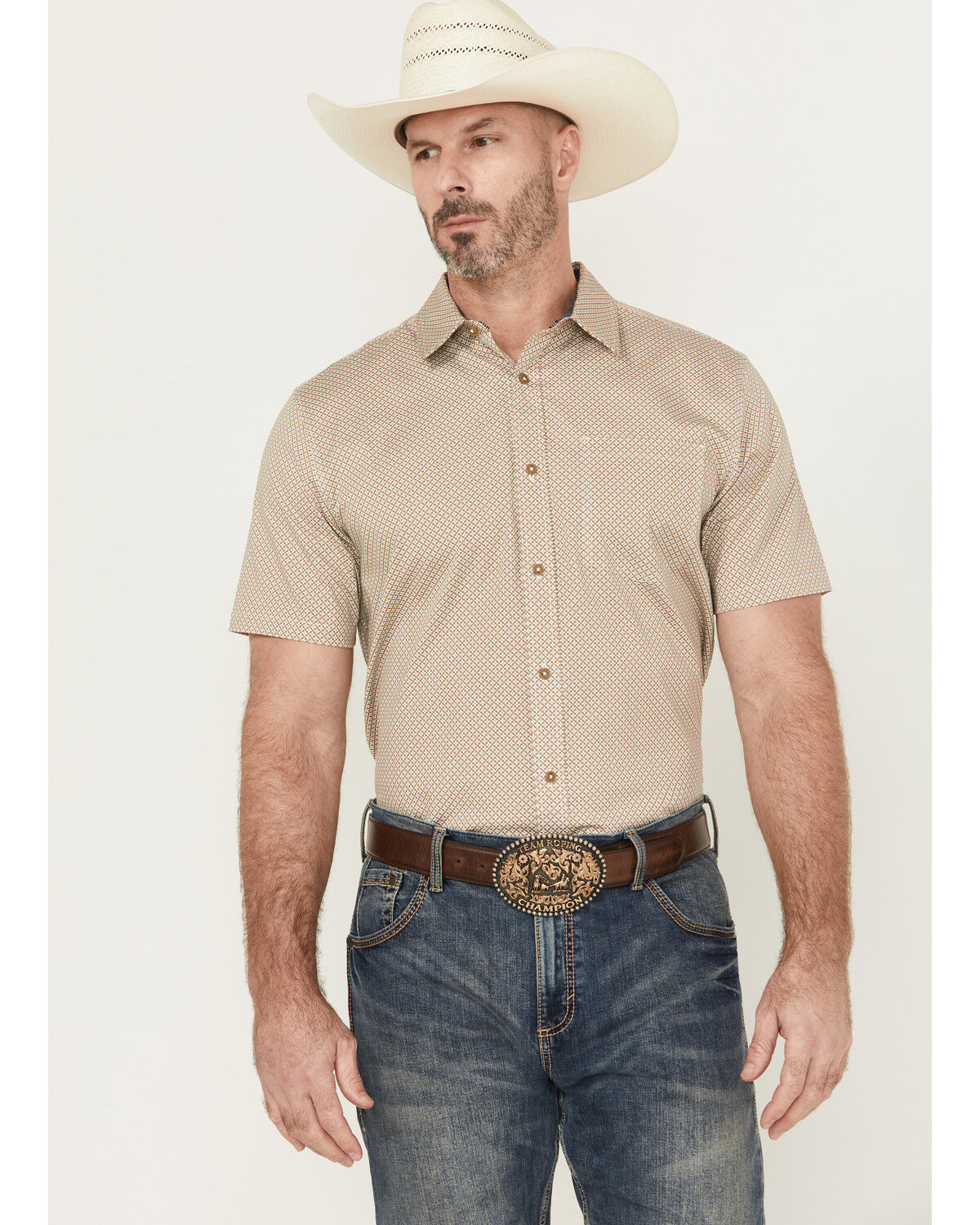 Image #1 - Cody James Men's Grill And Greet Geo Print Short Sleeve Button-Down Stretch Western Shirt, Tan, hi-res