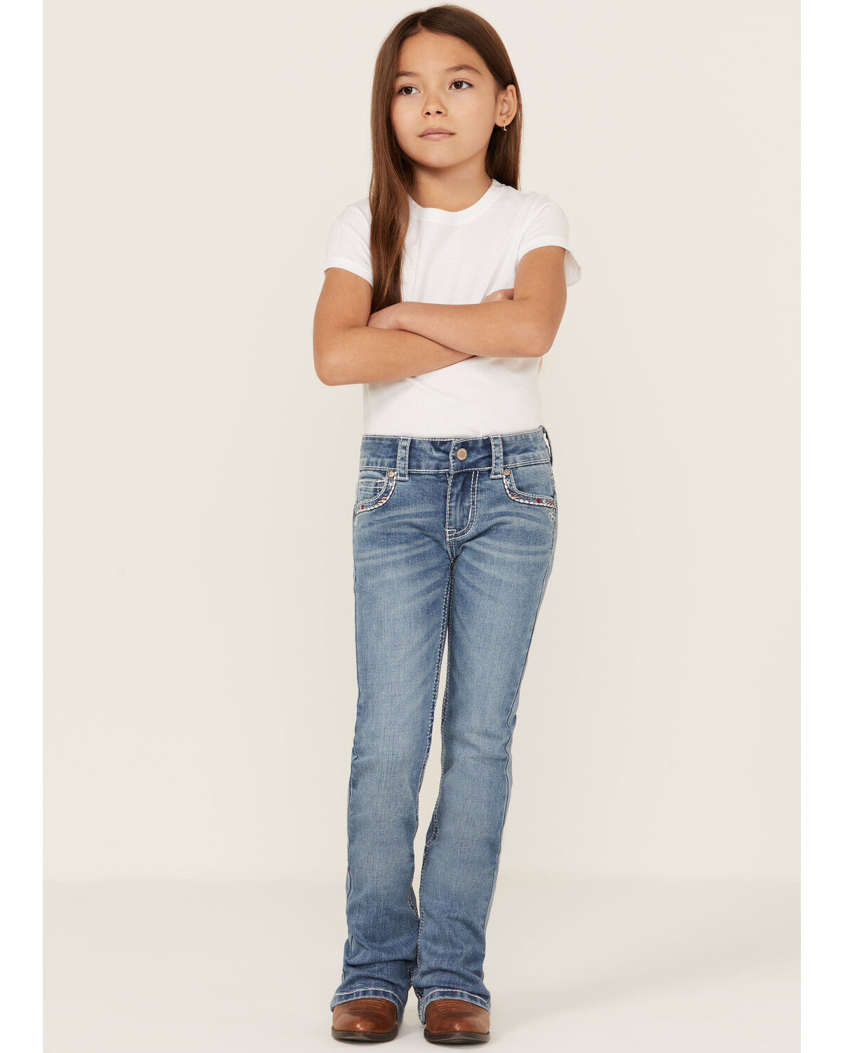Image #1 - Shyanne Little Girls' Americana Stars Pocket Bootcut Jeans, Blue, hi-res