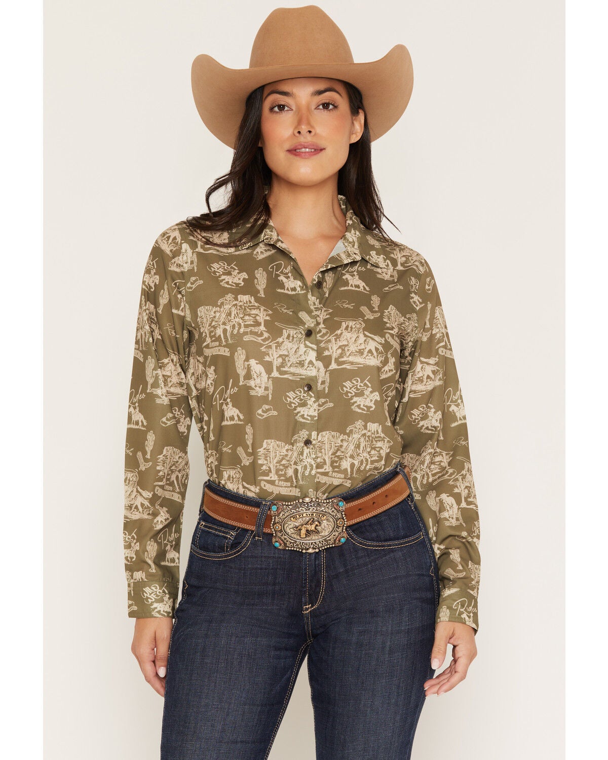Image #1 - Ariat Women's Homestyle Rodeo Conversational Print Long Sleeve Button-Down Western Shirt, Moss Green, hi-res