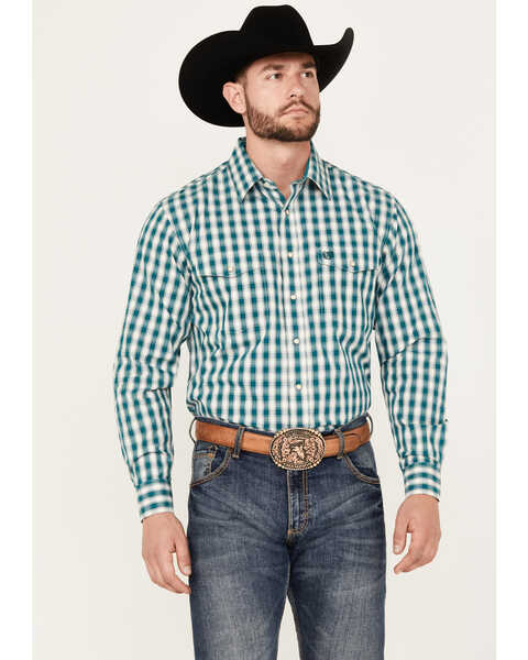 Image #1 - Panhandle Select Men's Plaid Print Long Sleeve Snap Western Shirt, Teal, hi-res