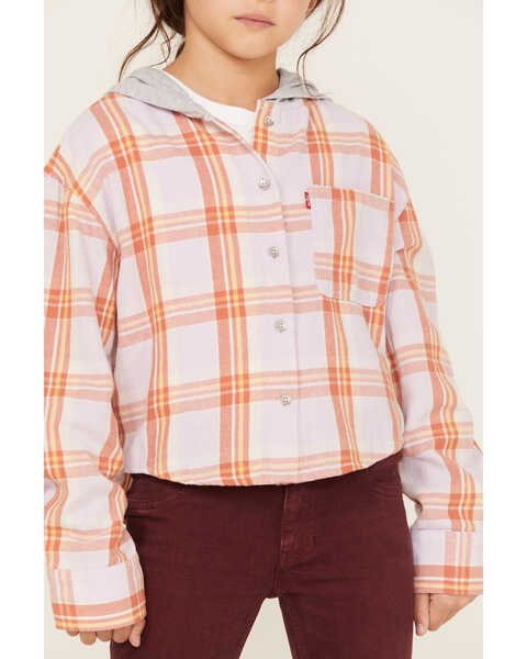 Image #3 - Levi's Little Girls' Plaid Print Long Sleeve Button-Down Hooded Shirt, Purple, hi-res