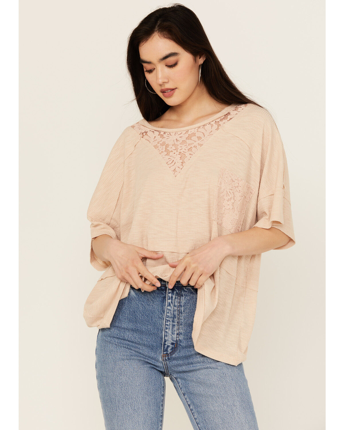 Image #1 - People of Leisure Women's Lace Short Sleeve Shirt, Pink, hi-res