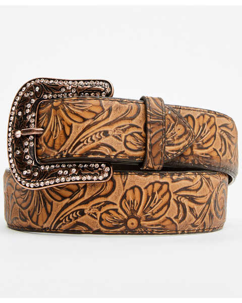 Image #1 - Shyanne Women's Floral Print Leather Belt , Brown, hi-res