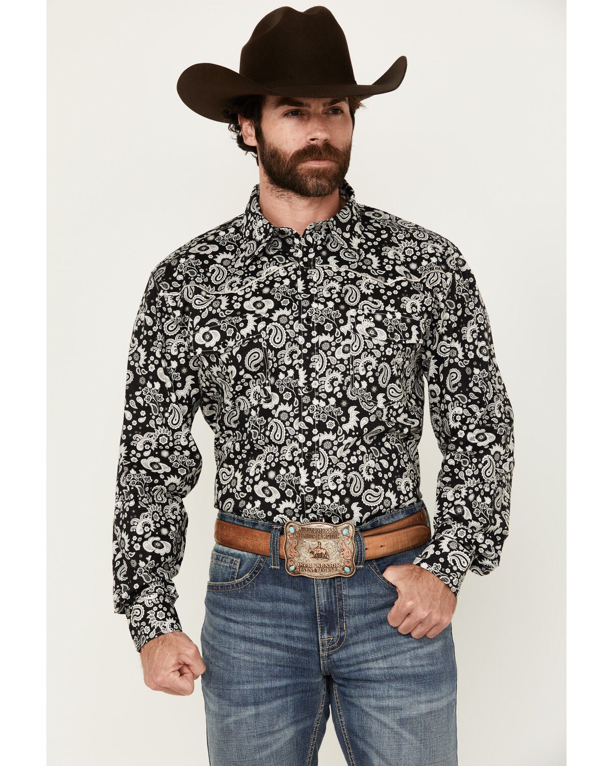 Cowboy Hardware Men's Paisley Print Long Sleeve Snap Western Shirt, Black, hi-res